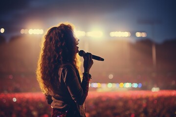 a beautiful female pop star singer giving music concert performance in a huge crowded stadium arena 