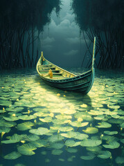 Wall Mural - Generative AI: fantasy leaves boat on a calm lake