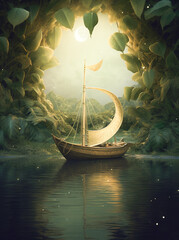 Wall Mural - Generative AI: fantasy leaves boat on a calm lake