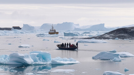Wall Mural - tourists swim with a boat between huge ice glaciers. Generative AI