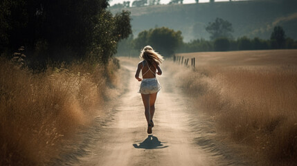 Wall Mural - back view of a young pretty sporty woman jogging on an unpaved road in summer. Generative AI