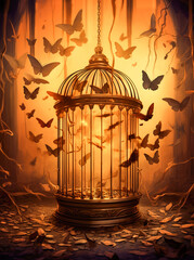 Wall Mural - Generative AI: golden cage with butterfly in a fantasy environment