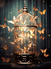 Wall Mural - Generative AI: golden cage with butterfly in a fantasy environment