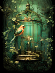 Wall Mural - Generative AI: golden cage with birds in a fantasy environment