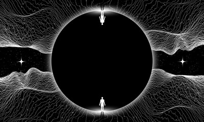 Poster - Human being or individuality or personality psychologic concept with abstract human body silhouette surrounded golden rays on black background. Synthwave wireframe net illustration. Abstract digital