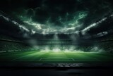 Fototapeta Sport - textured soccer game field with neon fog - center, midfield. Created with Generative AI technology.