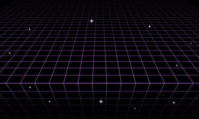 Poster - Synthwave wireframe net illustration. Abstract digital background. 80s, 90s Retro futurism, Retro wave cyber grid. Deep space surfaces. Neon lights glowing. Starry background. Vector 3D Rendering