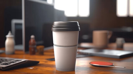 Wall Mural - A white travel mug for a mockup blank template on the desk