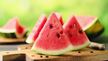 Sticker - Watermelon slice. Stock video 4k. Slices of fresh watermelon on the rustic wooden table in the garden