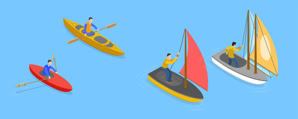 3D Isometric Flat Vector Set of Sailing Boats, Travel Ship and Yachts