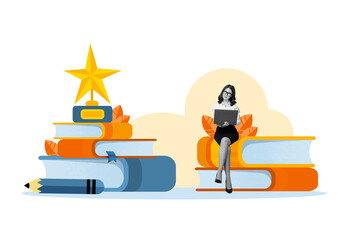 Aufkleber - Picture minimal collage poster of intelligent lady reviewer reader author write feedback review rate novel isolated on painted background