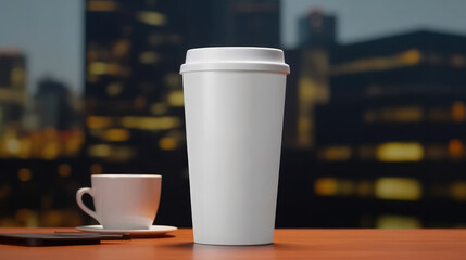 Wall Mural - A white travel mug for a mockup blank template on the desk