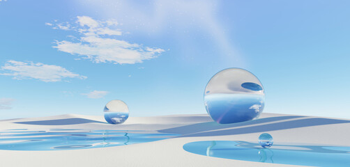 Wall Mural - 3d render surreal pastel landscape background with geometric shapes, abstract fantastic desert dune 