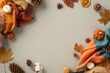 Fall into the comforts of home with this top view photo. Cozy patchy blanket, pumpkin candles, pinecones, odorous chinese anise and maple leaves offer the perfect grey backdrop for text or advert