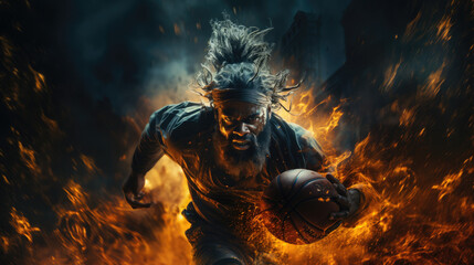 Wall Mural - Flames of Basketball Fury. Striking Player in Action with Fiery Jersey on a Dark Court
