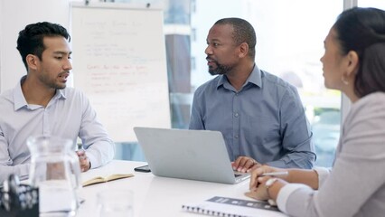 Poster - Business leader, meeting discussion and black man giving development proposal idea, brainstorming or planning. Cooperation, teamwork and strategy leader, diversity staff or team work on group project