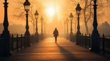 Person Silhouette Walking On Bridge At Sunset