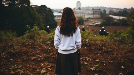 Canvas Print - A woman standing in a field looking at a city. Generative AI image.