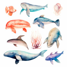 Fish Set Watercolor On A White Background Created With Generative Ai
