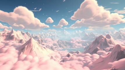 A view of a mountain range with a plane flying in the sky. Generative AI image.