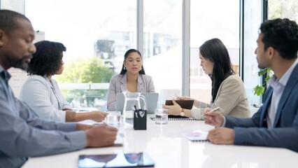 Poster - Business leader, meeting discussion and woman giving development proposal, financial ideas or planning. Cooperation, group and strategy leader, diversity staff or team work on company finance budget
