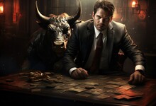 Animal Bull Plays Poker Blackjack In A Casino, Fantasy