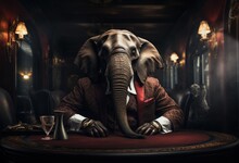 Animal Elephant Plays Poker Blackjack In A Casino, Fantasy