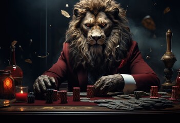 Animal Lion plays poker blackjack in a casino, fantasy