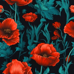 Poster - Seamless pattern with red poppies on black background. generative ai