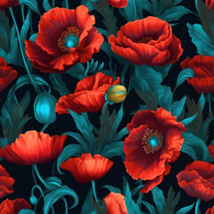 Poster - Seamless pattern with red poppies on dark blue background generative ai