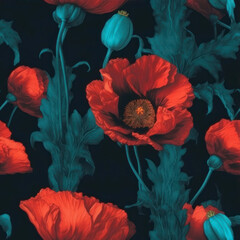 Poster - Seamless pattern with red poppies on dark background generative ai