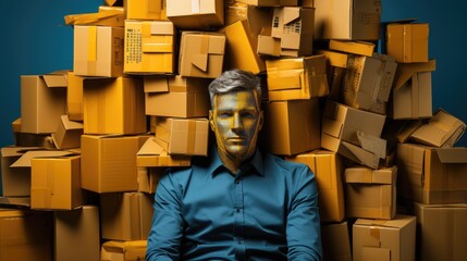 Sticker - A man sitting in front of a pile of cardboard boxes. Generative AI image.