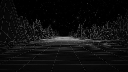 Poster - Trendy retro futuristic grey landcape 3d surface among mountains with dark space background. 3D render. Retrowave VJ videogame landscape, neon lights and low poly terrain grid. Seamless loop.	
