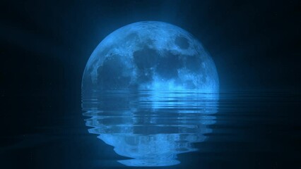 Poster - Full and New moon phases on a starry sky and water waves bright neon rays, vibrant shine with neon glow around the moon. Screensaver for advertising and space for products. Full moon party background