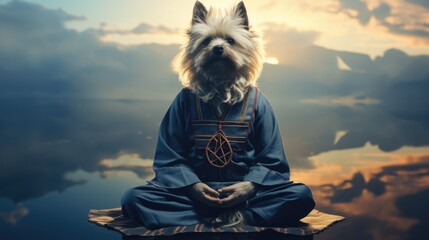 Canvas Print - A dog sitting in a meditation position on a blanket. Generative AI image.