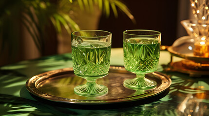 two green glasses on a table, in the style of rich and immersive