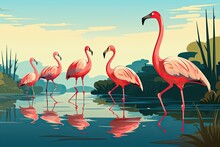 Flamingos Standing In Line Together In Water. (Illustration, Generative AI)