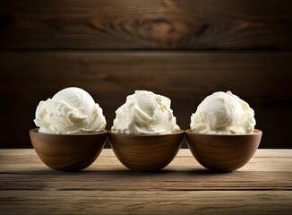 Bowl with tasty vanilla ice cream on table against light background. Created with Generative AI technology.