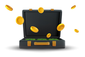 Fototapete - Vector 3d open leather black suitcase with cash paper green money and coins in realistic cartoon style. Bright modern design element. Creative colorful art illustration isolated on white background.