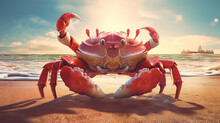 Curious Crab On The Sandy Beach In Nostalgic Card Style. Retro Vacation Postcard With Crab On The Coast. Generated AI.