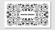 Luxury Christmas Frame, Abstract Sketch Winter Floral Design Templates For Xmas Products. Geometric Monochrome Square, Holly Backgrounds With Fir Tree. Use For Package, Branding, Decoration, Banners