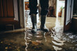 Leinwandbild Motiv A man in rubber boots stands in a flooded house. ai generative