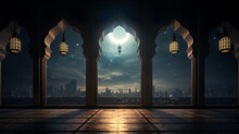 Moonlight Shining Through The Window To The Inside Of An Islamic Mosque With Hanging Lanterns.ai Generative