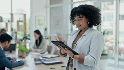 Poster - Business woman, tablet and research in meeting for project management or leadership at office. Happy female person, employee or team manager working on technology in group strategy, data or project