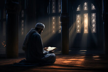 Muslim Elder Sitting In Masjid Reading Quran Before Prayer Time At Subdued Dark Light. Ai Generative