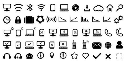 Wall Mural - Set of black internet vector icons. Vector web icons. Set of social symbols. Business icons set. Vector illustration. Communication vectors.