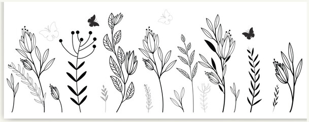 Wall Mural - botanical abstract line art, hand-drawn bouquets of herbs, flowers, leaves, and branches, vector ill