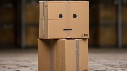 Wall Mural - A cardboard box with a sad face on it. Generative AI image.