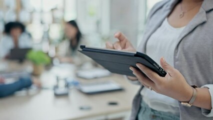 Poster - Business woman, hands and tablet in meeting for online research or project management at the office. Female person, employee or manager scrolling on technology for social media or data at workplace