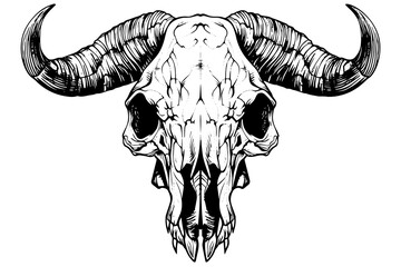 Buffalo skull hand drawn vector illustration in engraving style ink sketch.